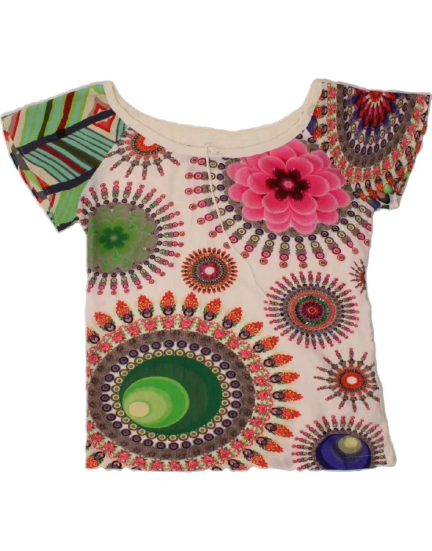 DESIGUAL Womens Graphic Blouse Top UK 18 XL White Cotton Soft Knit Blouse
