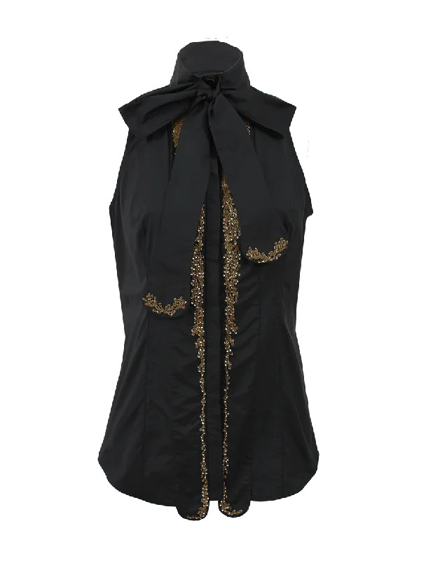 Tie Neck Embroidered Blouse Feminine Ruffle Blouse