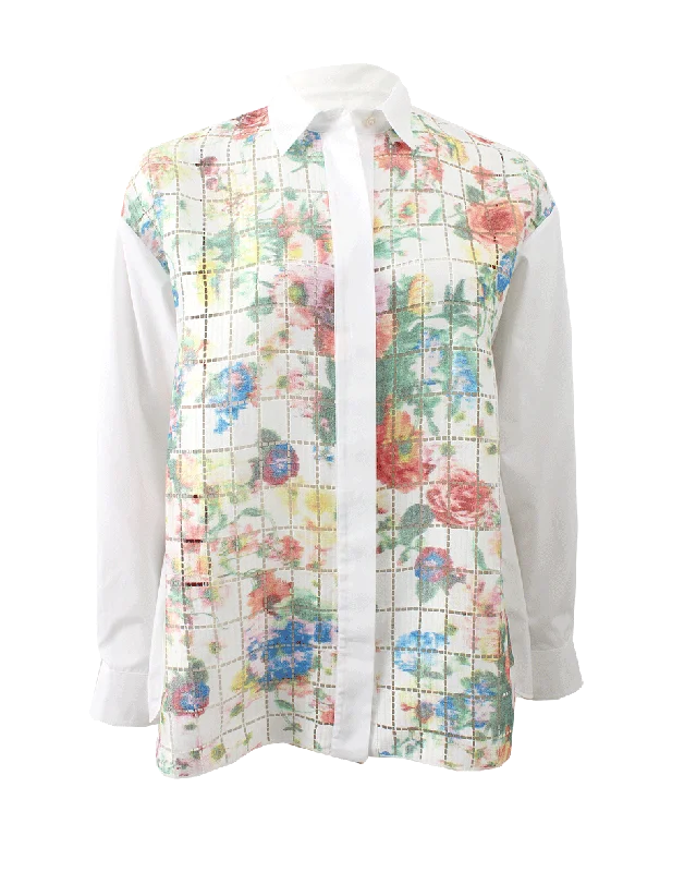 Floral Print Button Down Blouse Delicate Pleat Blouse