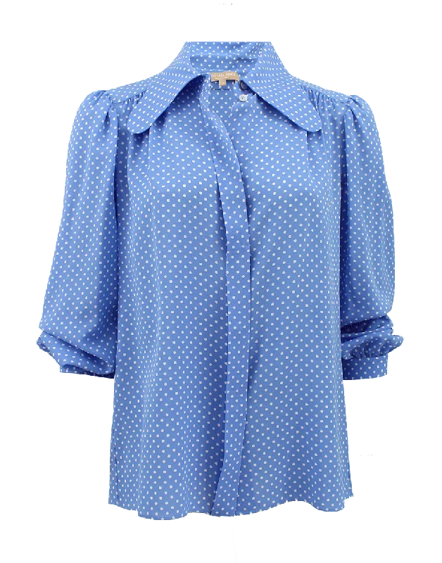 Wide Lapel Gathered Dot Blouse Elegant Semi-Sheer Blouse