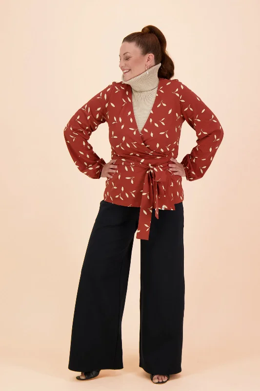 Soft Wrap Blouse Mahogany Wind Asymmetric Hem Blouse