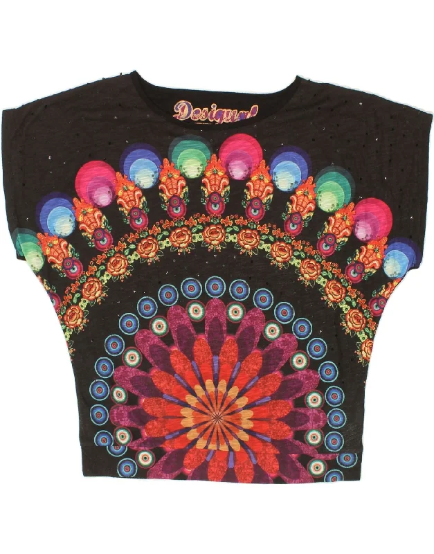 DESIGUAL Womens Batwing Blouse Top UK 16 Large Black Stretchy Fitted Blouse