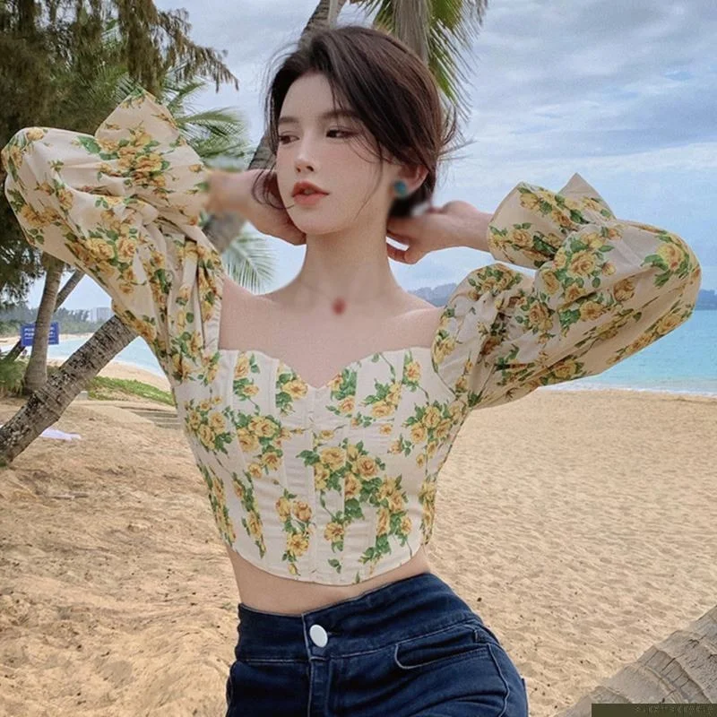 Women Floral Puff Sleeve Croptops Slim Fit Korean Tops Casual TShirts Tees Ruffles Chiffon Blouse Tops Soft Pastel Blouse