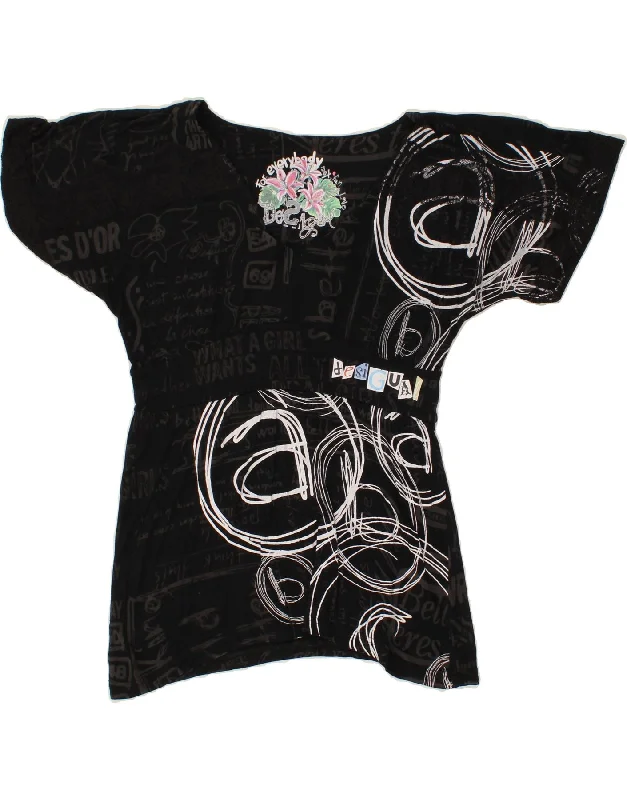 DESIGUAL Womens Graphic Blouse Top UK 12 Medium Black Satin Drape Blouse