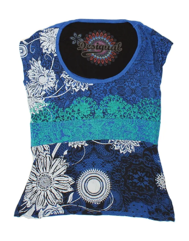 DESIGUAL Womens Graphic Blouse Top UK 18 XL Blue Floral Feminine Satin Blouse