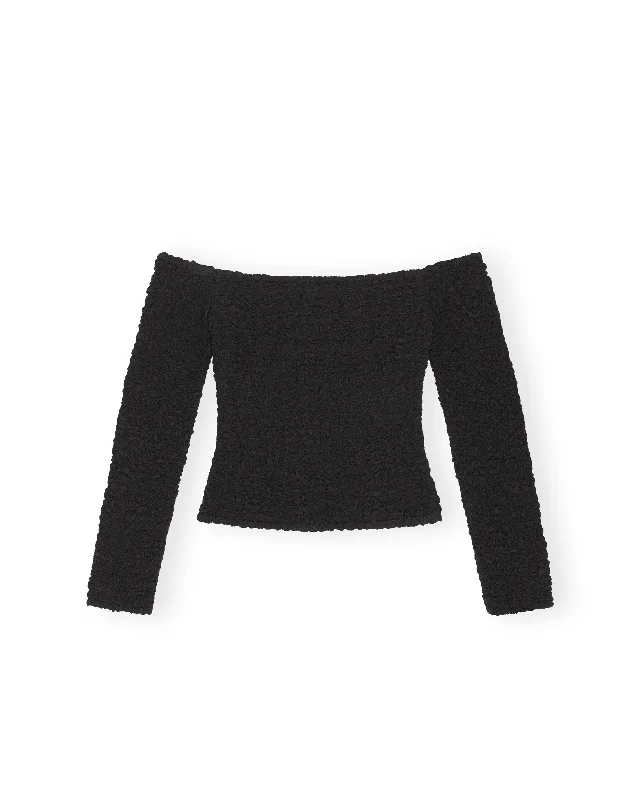 Cotton Poplin Off-shoulder Smock Blouse - Black Feminine Pastel Blouse