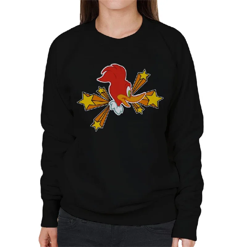 Woody Woodpecker Character Head With Stars Women's Sweatshirt Hoodie with Hem Applique Textured Unique