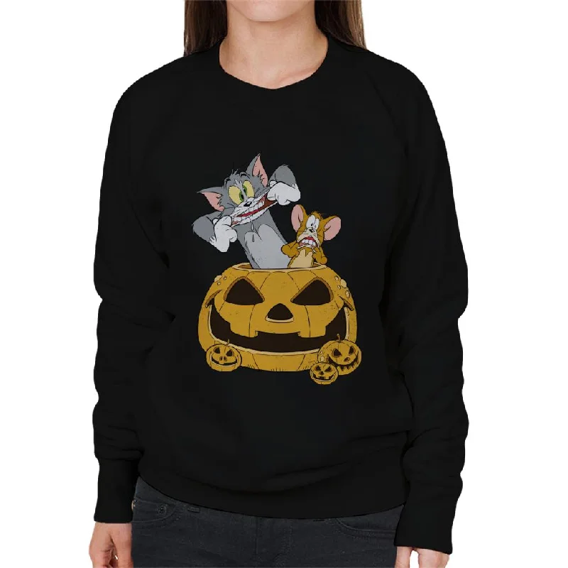 Tom and Jerry Halloween Pumpkin Face Women's Sweatshirt Hoodie with Elastic Cuffs Stretchable Comfortable