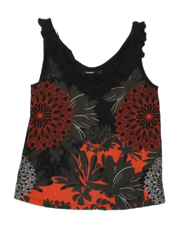 DESIGUAL Womens Graphic Sleeveless Blouse Top Large Black Floral Cotton Smart Business Blouse