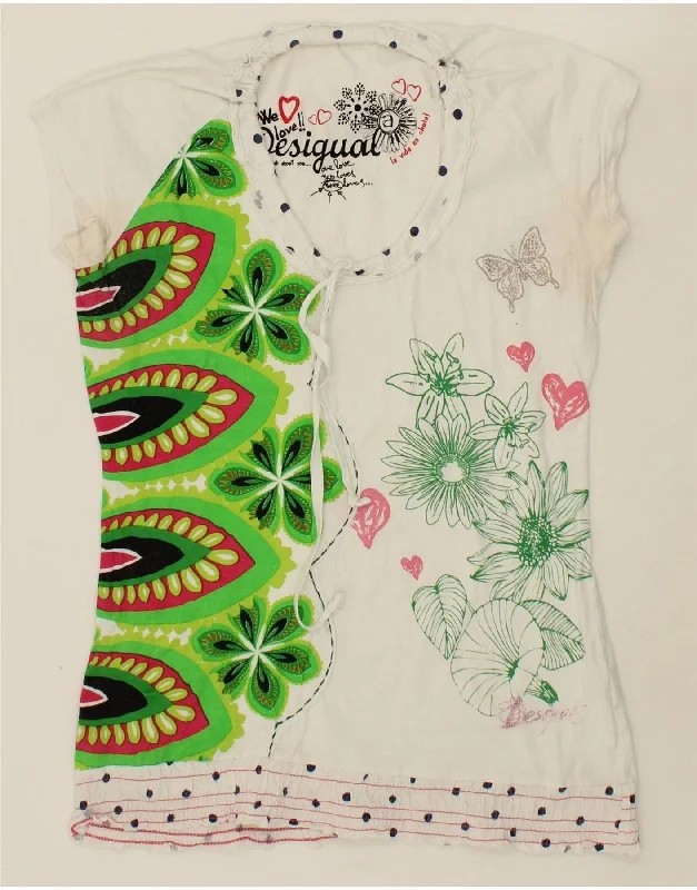 DESIGUAL Womens Blouse Top UK 14 Large White Floral Cotton Collared Satin Blouse