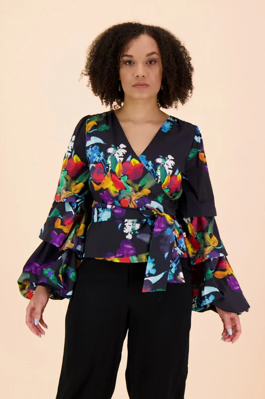 Volume Sleeve Blouse Black Bouquet Satin Long Blouse