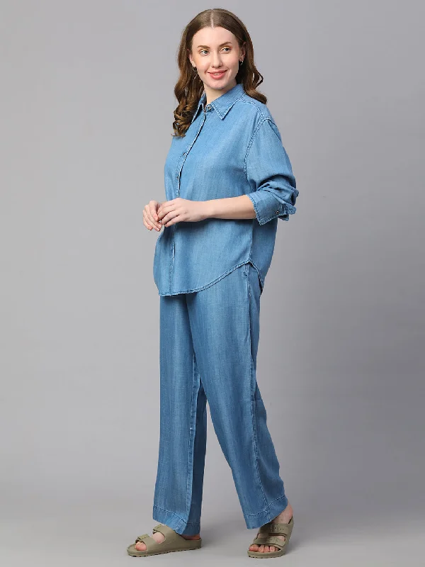 Women's Denim Tencel Boxy Fit Blouse Sheer Mesh Blouse