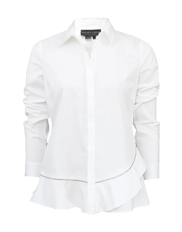 Long Sleeve Zipper Button Down Blouse Mandarin Collar Blouse