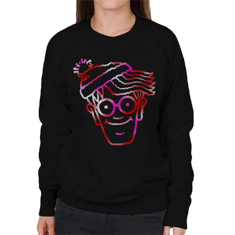 Where's Wally Red And Pink Character Head Outline Women's Sweatshirt Hoodie with Hem Raw Edge Edgy Unfinished