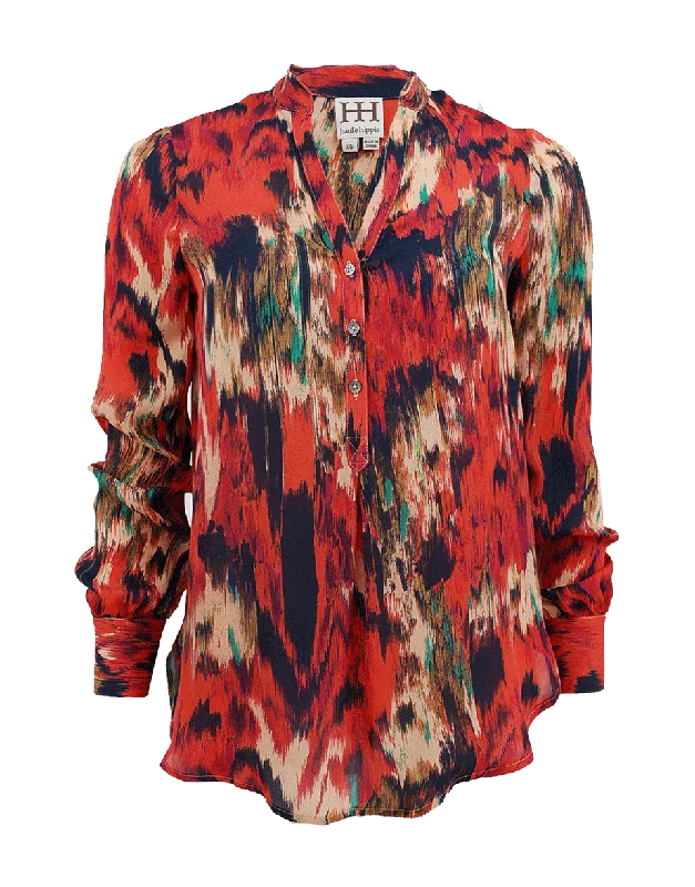 Ikat Print Henley Blouse Boho Printed Blouse