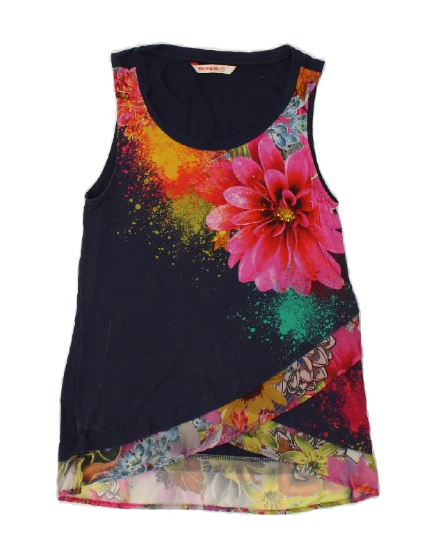 DESIGUAL Womens Graphic Sleeveless Blouse Top UK 6 XS Navy Blue Floral Subtle Shimmer Blouse DESIGUAL Womens Graphic Sleeveless Blouse Top UK 6 XS Navy Blue Floral Subtle Shimmer Blouse