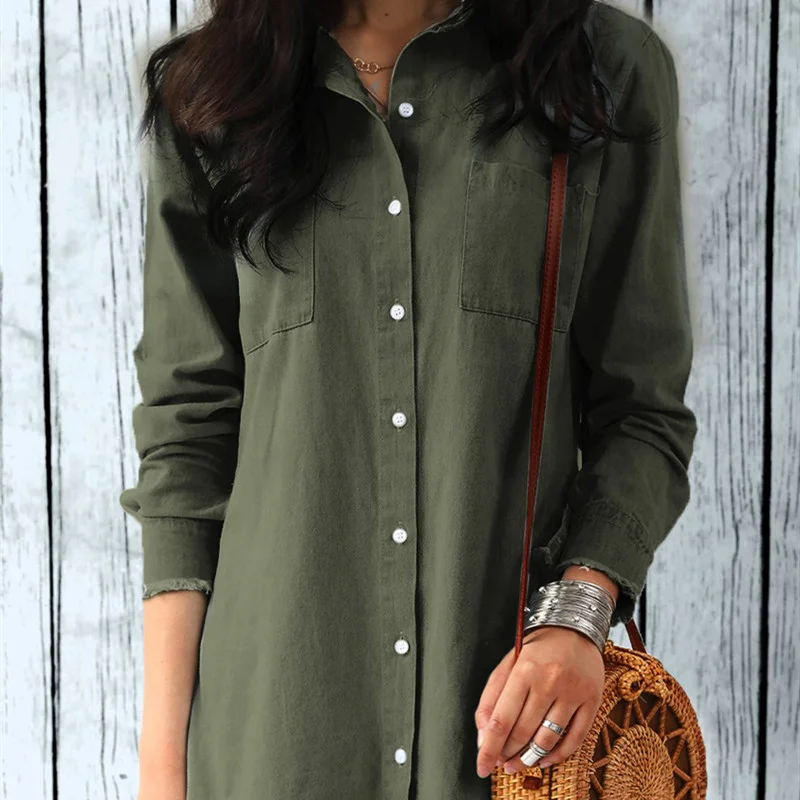 Women Fashion Lapel Long-Sleeve Tassel Denim Blouse Lightweight Floral Blouse