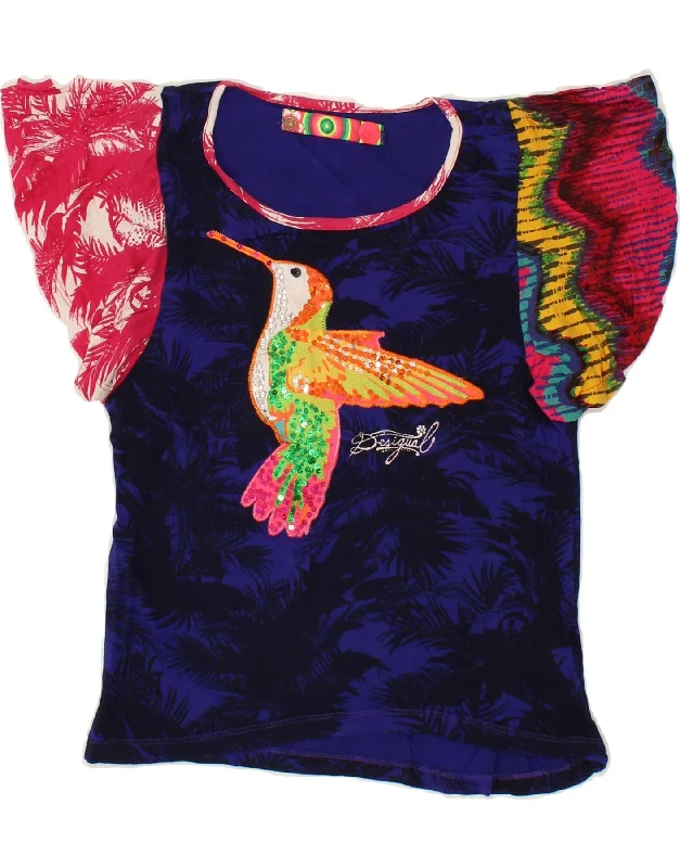 DESIGUAL Girls Graphic Blouse Top 11-12 Years Blue Colourblock Viscose Sheer Sleeve Blouse