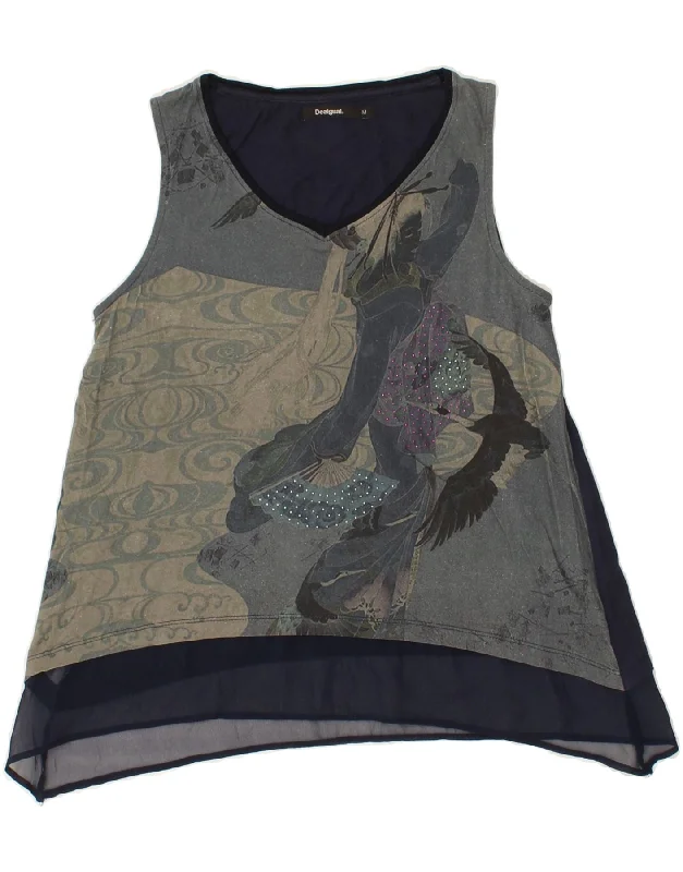 DESIGUAL Womens Sleeveless Blouse Top UK 12 Medium Navy Blue Cotton Side Tie Blouse