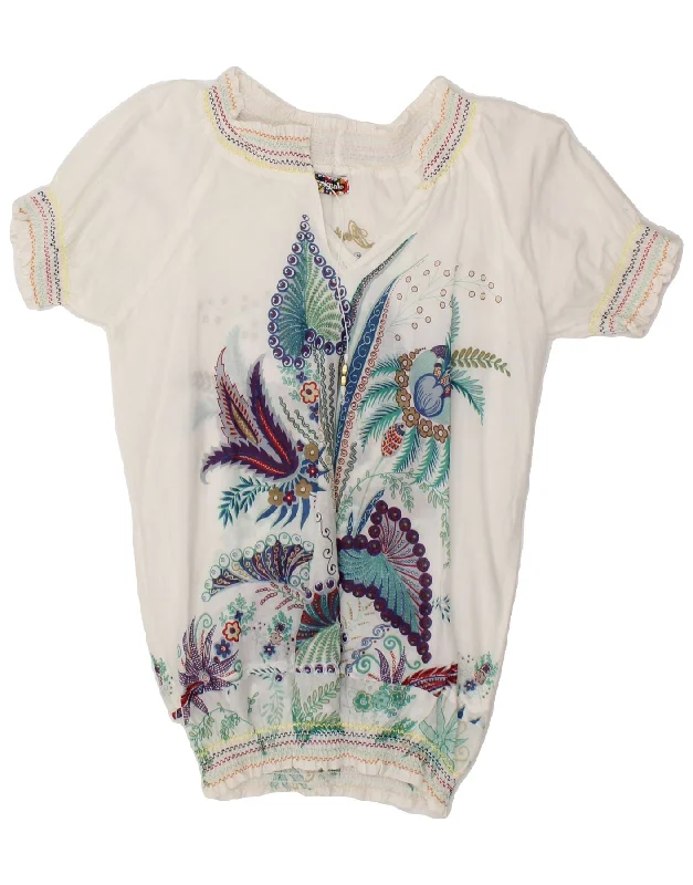 DESIGUAL Womens Blouse Top UK 10 Small White Floral Cotton Casual Stripe Blouse