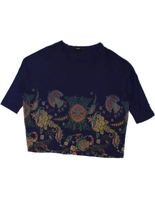 DESIGUAL Womens Oversized 3/4 Sleeve Blouse Top UK 16 XL Navy Blue Floral Off-Shoulder Wrap Blouse DESIGUAL Womens Oversized 3/4 Sleeve Blouse Top UK 16 XL Navy Blue Floral Off-Shoulder Wrap Blouse