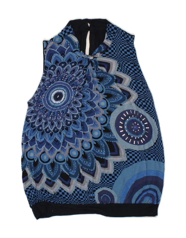DESIGUAL Womens Sleeveless Blouse Top UK 14 Medium Navy Blue Floral Silky Tunic Blouse DESIGUAL Womens Sleeveless Blouse Top UK 14 Medium Navy Blue Floral Silky Tunic Blouse