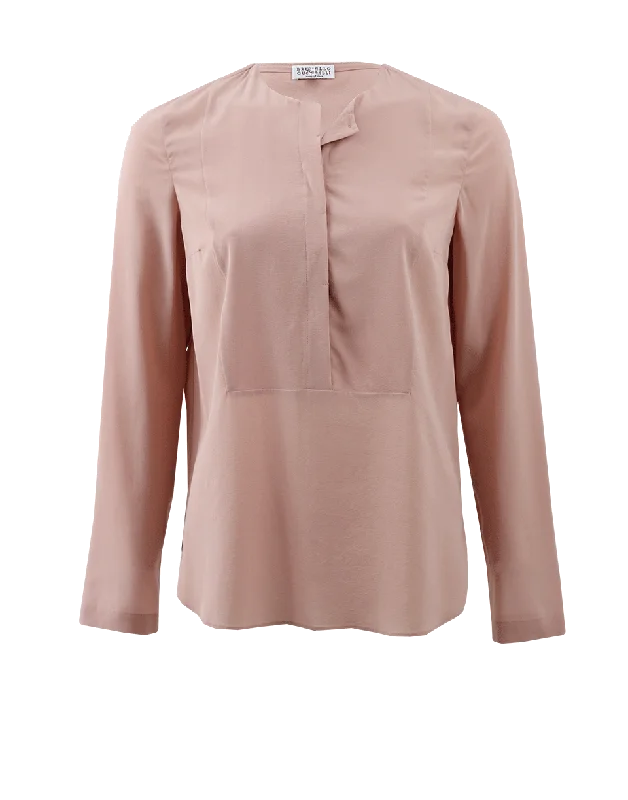 Silk Henley Blouse Embroidered Floral Blouse