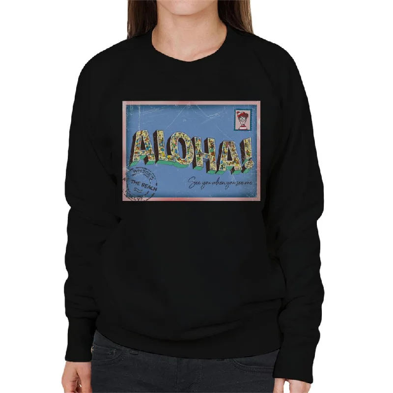 Where's Wally Beach Illustration Aloha Women's Sweatshirt Hoodie with Applique Textured Unique