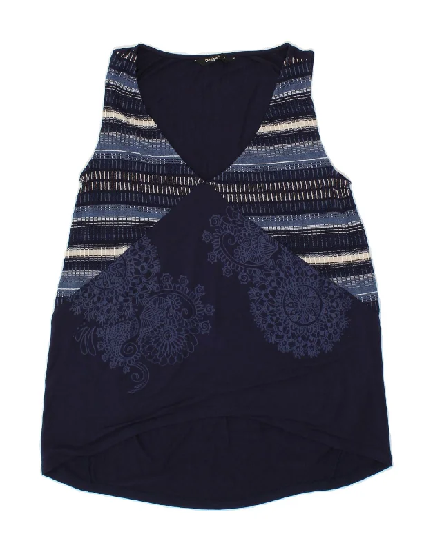 DESIGUAL Womens Sleeveless Blouse Top UK 12 Medium Navy Blue Striped Embellished Collar Blouse DESIGUAL Womens Sleeveless Blouse Top UK 12 Medium Navy Blue Striped Embellished Collar Blouse