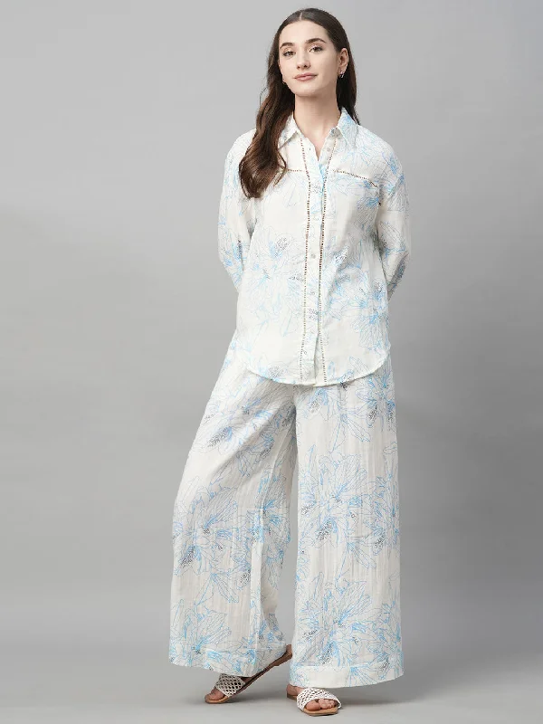 Women's Blue Cotton Boxy Fit Blouse Elegant Lace Blouse