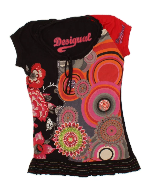 DESIGUAL Womens Blouse Top UK 10 Small Black Floral Classic Minimalist Blouse