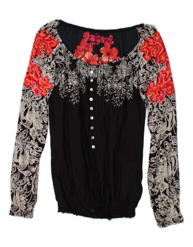 DESIGUAL Girls Long Sleeve Blouse Top 13-14 Years Black Floral Viscose Drape Neck Blouse
