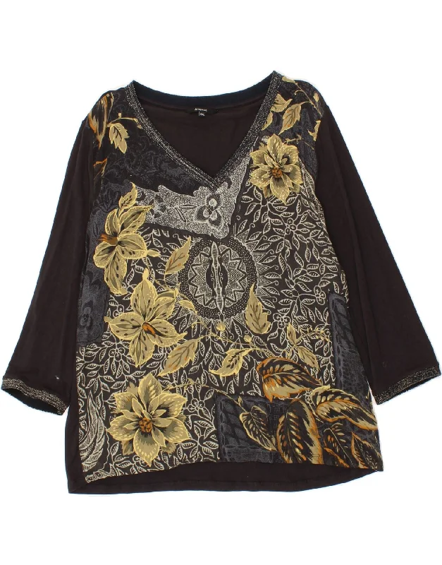 DESIGUAL Womens 3/4 Sleeve Blouse Top UK 20 2XL Black Floral Viscose Bell Sleeve Blouse DESIGUAL Womens 3/4 Sleeve Blouse Top UK 20 2XL Black Floral Viscose Bell Sleeve Blouse