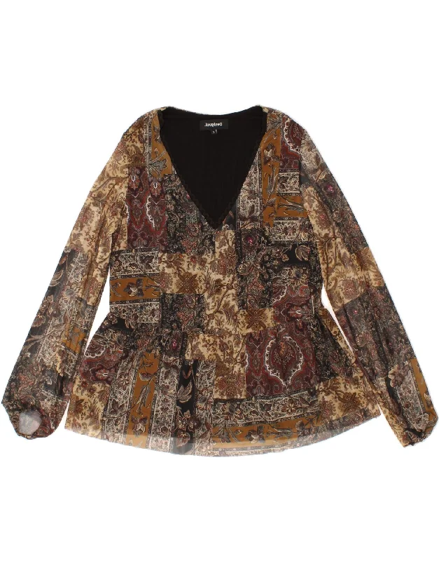 DESIGUAL Womens Blouse Top UK 10 Small Brown Patchwork Floral Print Blouse