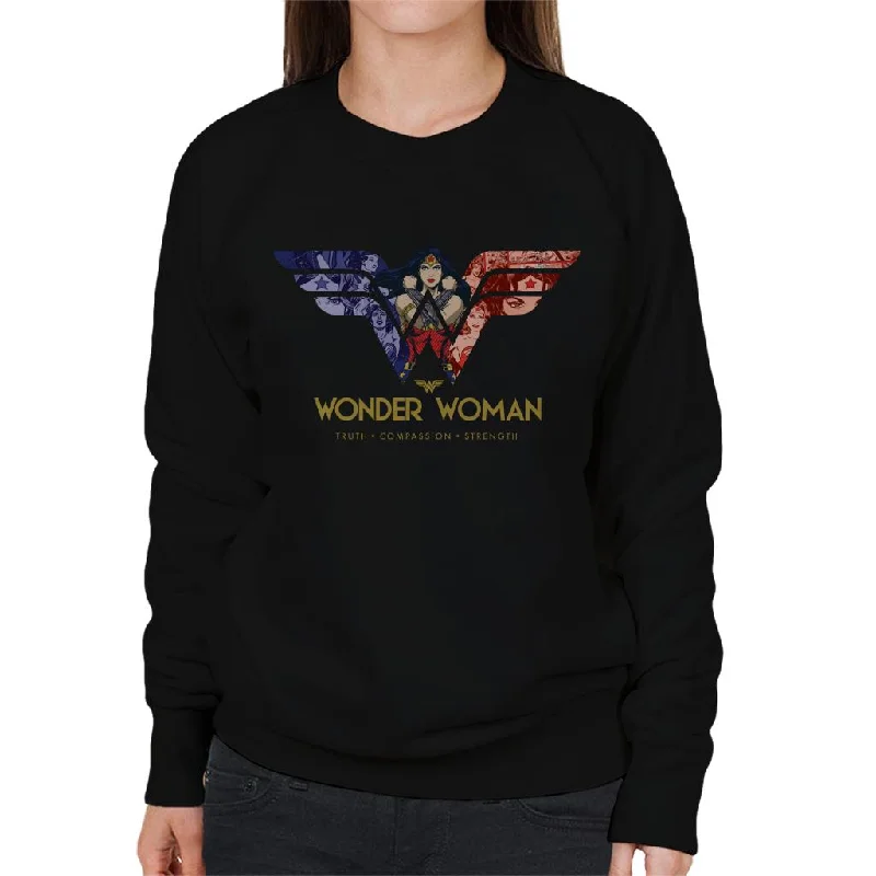 Wonder Woman Truth Compassion Strength W Montage Women's Sweatshirt Hoodie with Raglan Sleeves Sporty Comfortable
