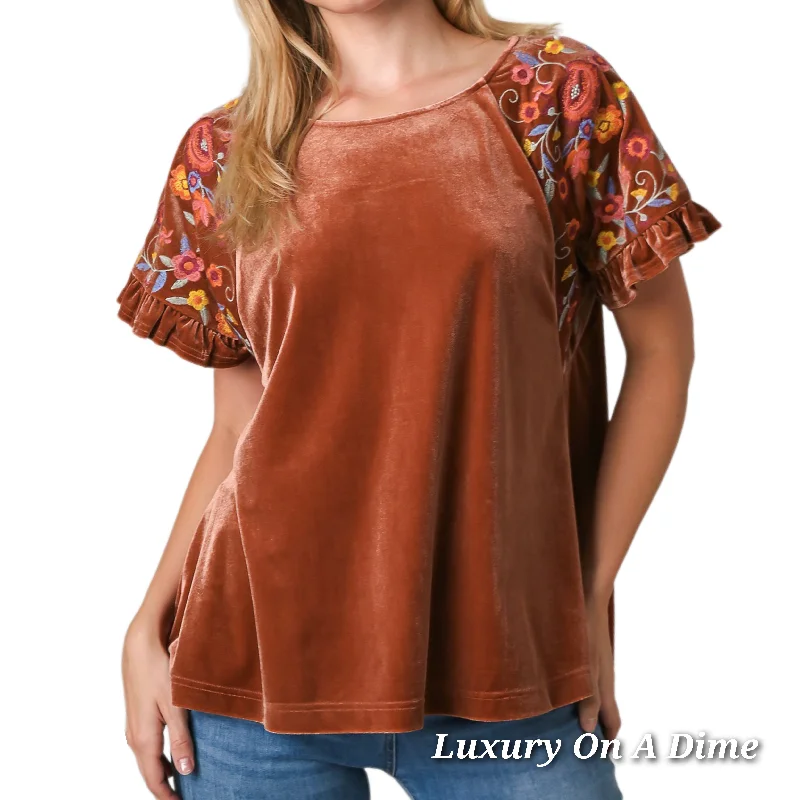 Umgee Velvet Embroidered Floral 70s Retro Shirt Ruffle Top Short Sleeve Blouse Office Formal Blouse Umgee Velvet Embroidered Floral 70s Retro Shirt Ruffle Top Short Sleeve Blouse Office Formal Blouse