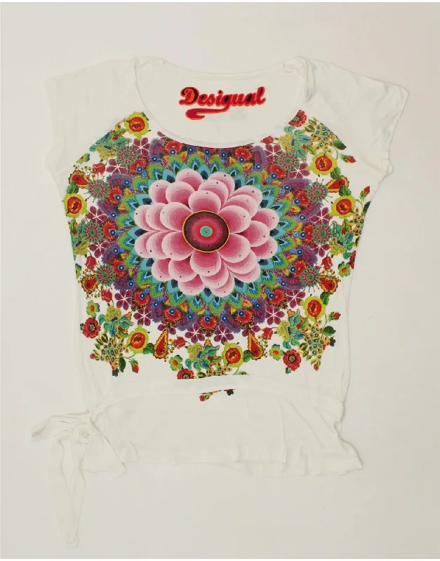 DESIGUAL Womens Graphic Blouse Top UK 14 Medium White Elegant Semi-Sheer Blouse