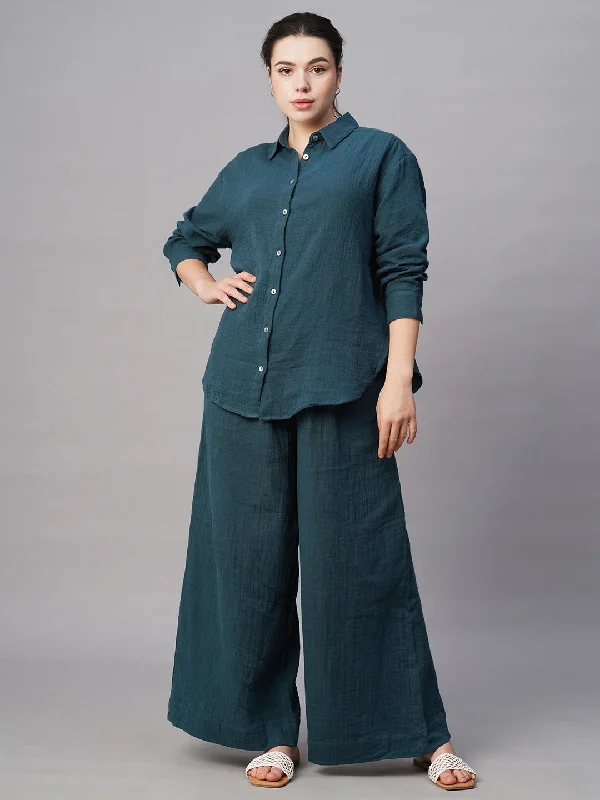 Women's Blue Cotton Boxy Fit Blouse Satin Long Blouse