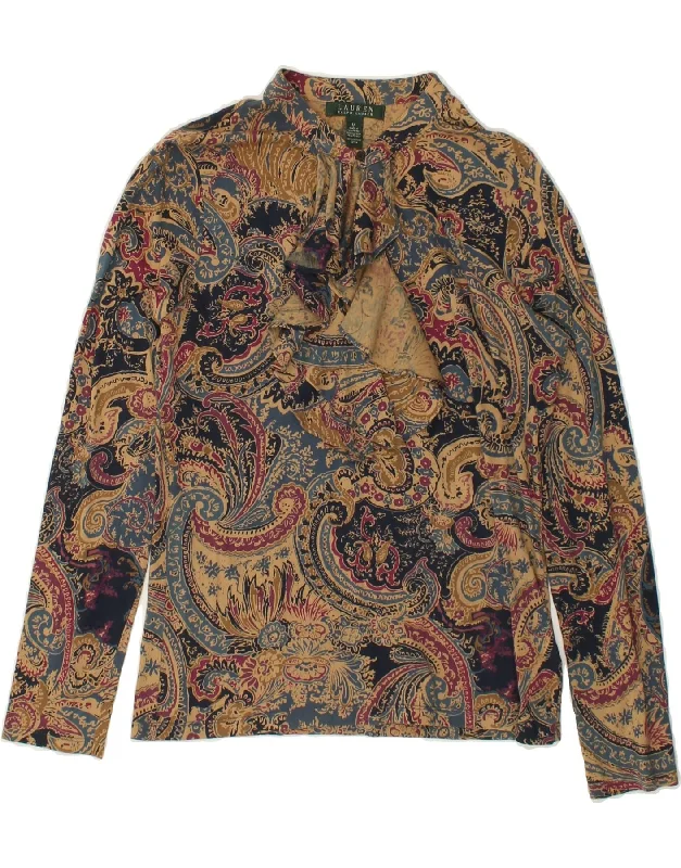 RALPH LAUREN Womens Ruffle Front Long Sleeve Blouse Top UK 14 Medium Brown Embroidered Floral Blouse RALPH LAUREN Womens Ruffle Front Long Sleeve Blouse Top UK 14 Medium Brown Embroidered Floral Blouse