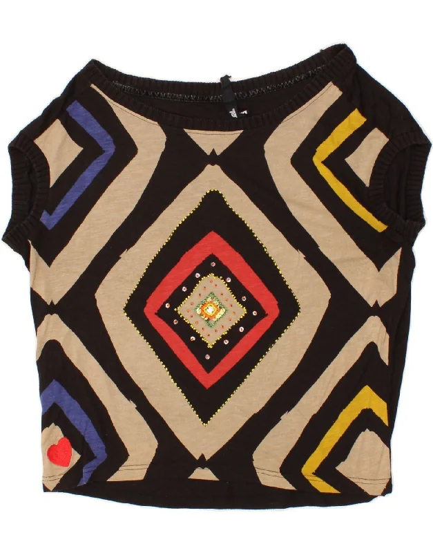 DESIGUAL Womens Blouse Top UK 16 Large Black Argyle/Diamond Delicate Pleat Blouse