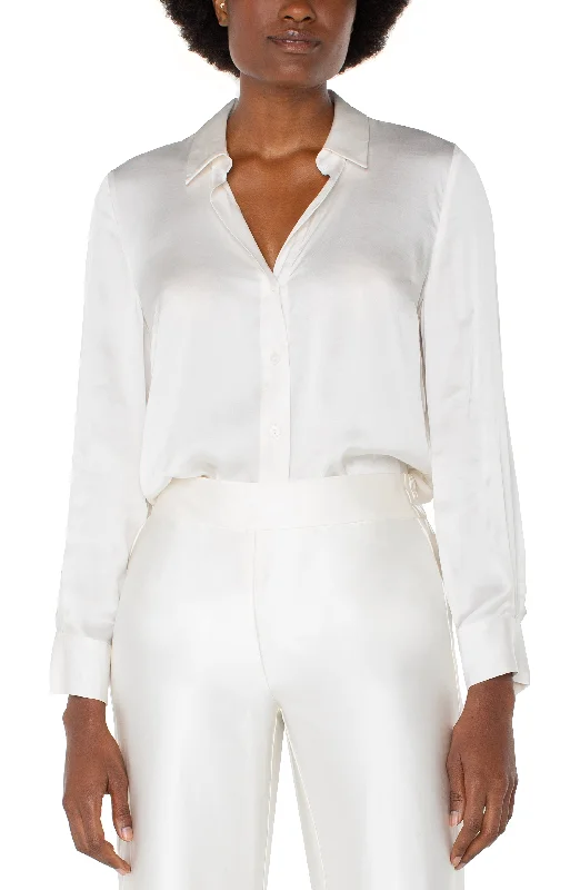 LONG SLEEVE COLLARED BUTTON FRONT WOVEN BLOUSE Playful Puff Blouse