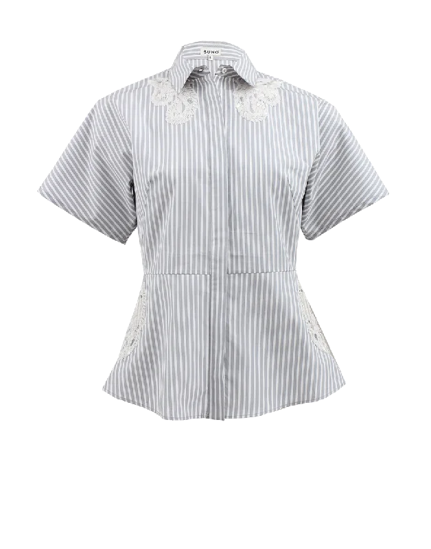 Short Sleeve Embroidered Stripe Blouse Stylish Wrap Blouse
