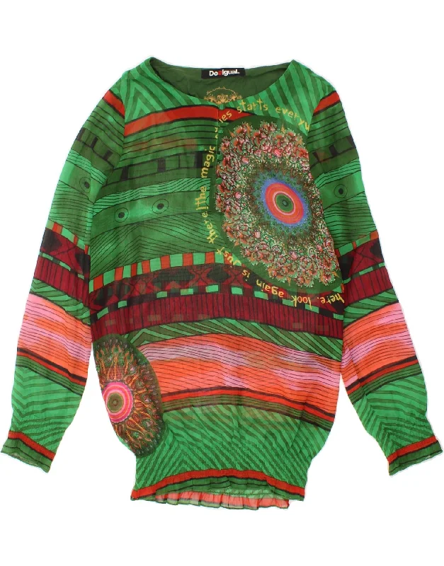 DESIGUAL Womens Graphic Long Sleeve Blouse Top UK 18 XL Green Striped Embroidered Cotton Blouse DESIGUAL Womens Graphic Long Sleeve Blouse Top UK 18 XL Green Striped Embroidered Cotton Blouse