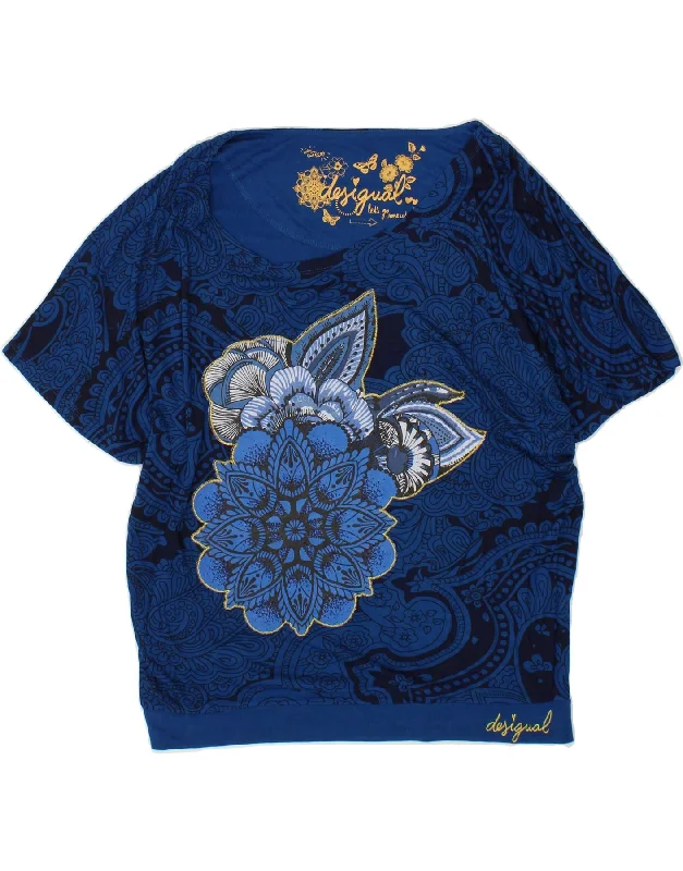 DESIGUAL Womens Graphic Blouse Top UK 16 Large Blue Paisley Elegant Silk Blouse