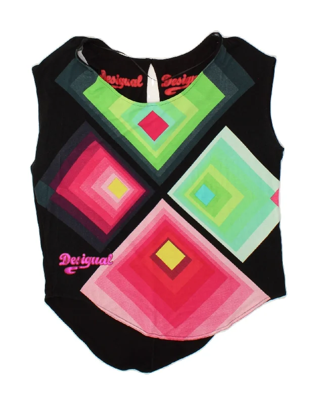 DESIGUAL Womens Graphic Sleeveless Blouse Top UK 14 Medium Black Geometric Slim Fit Blouse DESIGUAL Womens Graphic Sleeveless Blouse Top UK 14 Medium Black Geometric Slim Fit Blouse