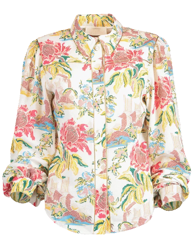 Flower Print Crepe Blouse Satin Drape Blouse