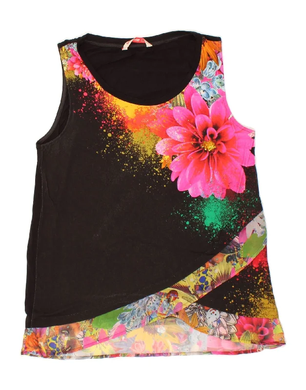 DESIGUAL Womens Sleeveless Blouse Top UK 14 Large Black Floral Viscose Textured Cotton Blouse