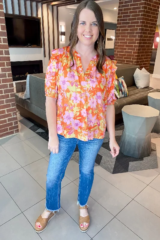 Orange and Pink Floral Print Blouse Everyday Stylish Blouse