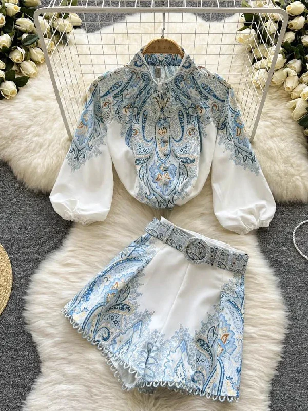 Wjczt Spring Summer Retro Print Two Piece Set Women Lantern Sleeves Standing Neck Blouse Top+High Waist Wide Leg Shorts Elegant Suits Casual Relaxed Fit Blouse