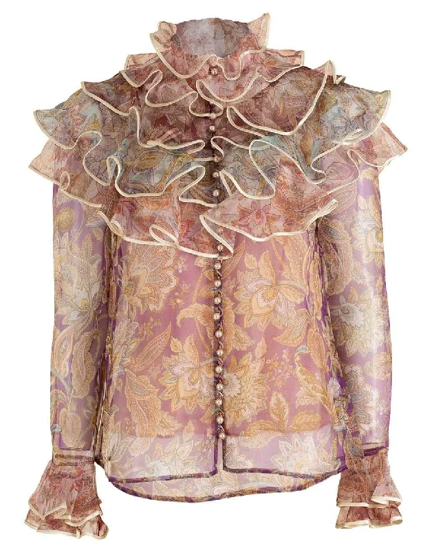 Spliced Jacobean Lucky Tiered Blouse Sheer Mesh Blouse